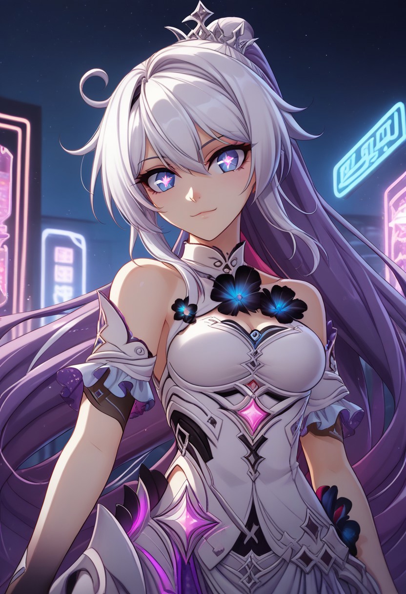 score_9, score_8_up, score_7_up,  kagami hirotaka style, 1girl,blue eyes, star-shaped pupils, symbol-shaped pupils Kiana, kiana kaslana, white hair, cute smiling,  very long hair, medium breasts, long hair, Hofi_Def, two-tone hair, purple hair, ponytail, crown, jewelry, gem, white dress, sleeveless dress, cleavage cutout, halterneck, black flower, open skirt, black gloves, white skirt, bare shoulders, purple inner skirt, clothing cutout, detached sleeves, frilled sleeves, short sleeves, , the matrix, gloves, glowing, neon lights, green theme,