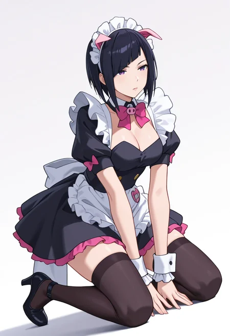 Smooth Quality,masterpiece,very intricate, high quality details, ultra realistic, high detailed skin,detailed enviorement,absurdres,
 <lora:Mannen_Ranko_CNR:0.8> mannen_cnr, 1girl,black hair, short hair, diagonal bangs, purple eyes,pig ears, fake animal ears,maid, maid headdress, maid apron, black dress, puffy short sleeves,black thighhighs, high heels, wrist cuffs,pink bowtie, frills,, simple background, white background, dutch angle,solo,
kneeling with thighs apart, hands resting between legs, shoulders slumped  ,, =v=,