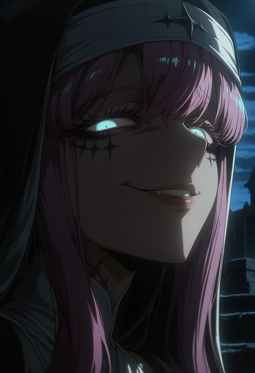dark_art_style, Sister Gigant, evil smile, parted lips, furrowed brow, leaning towards viewer, (extreme close up:1.3), dramatic lighting, chapel, night time,
masterpiece, best quality, extremely detailed