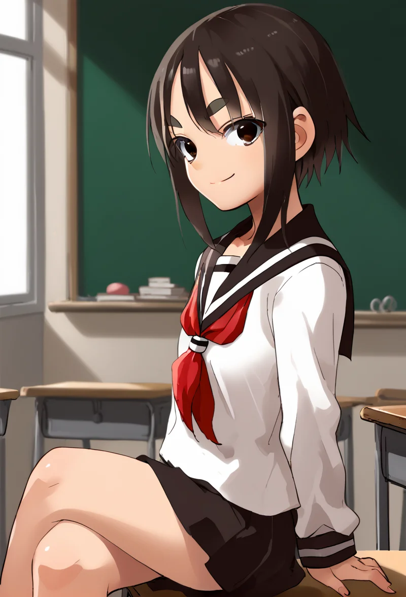 <lora:kagawaRin:1> kagawaRin, solo, thick eyebrows, looking at viewer, white serafuku, red neckerchief, smile, classroom, sitting, crossed legs, from side,