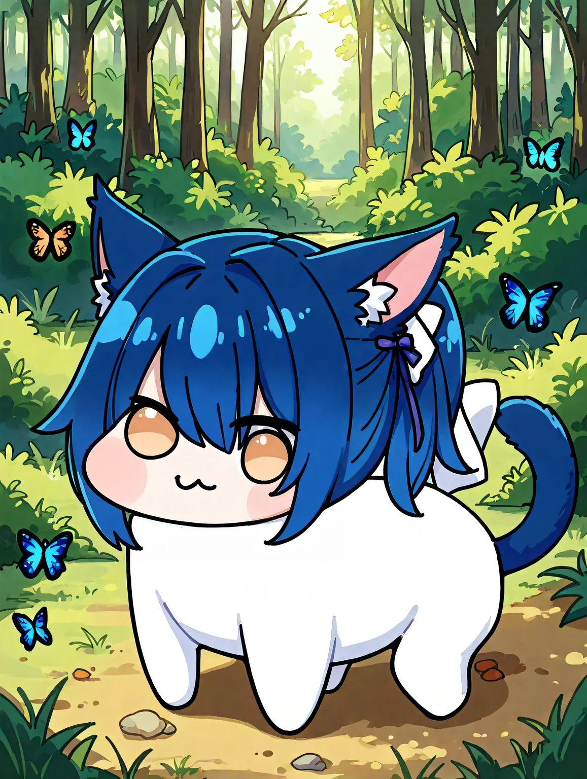 score_9, score_8_up, score_7_up, source_anime,
BREAK
1girl, <lora:thusiast-v1:0.6>, thu5145t, blue hair, ponytail, cat ears, cat tail, miqo'te, breasts, rating safe, hair over one eye, white eye, slit pupil
BREAK
<lora:Doro_X_PDXL_V1:1>, doro, creature, :3, chibi, no humans, white skin, solid circle eyes, no pupils, four legs, forest, butterflies