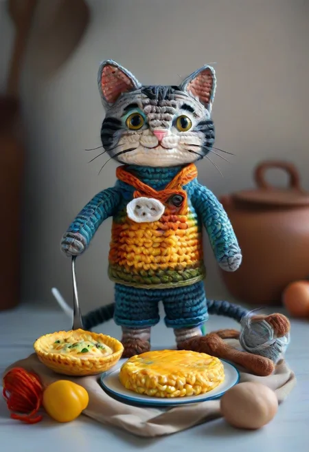 a cat happily cooking an omelette, by saint exupery, crocheted style