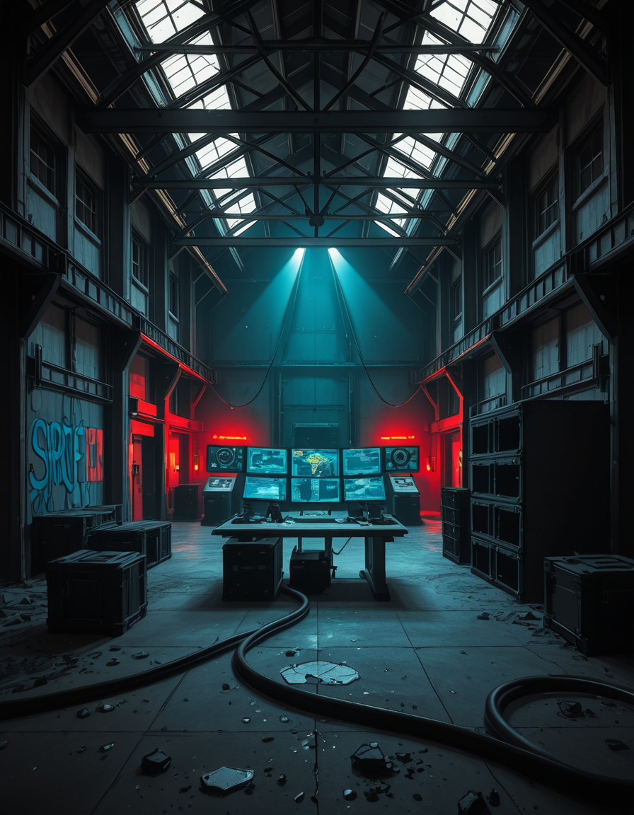 A dark, abandoned warehouse transformed into a villain's secret lair. The structure is massive and industrial, with rusted steel beams, shattered windows, and crumbling concrete walls covered in old graffiti. The floor is dusty and cracked, with scattered debris and oil stains. Dim red and blue lights glow from hidden sources, casting eerie, atmospheric shadows throughout the space. In the center, a high-tech command station glows with holographic maps, control panels, and futuristic computer screens. Advanced equipment, weapons racks, and strange scientific devices are neatly arranged on steel tables. Thick black cables snake across the floor and dangle from the ceiling. Makeshift metal dividers and reinforced crates create hidden zones for operations and storage. The setting is cinematic, mysterious, and tense, with dramatic lighting, high contrast between dark corners and glowing tech, and a realistic, moody art style â like a scene from a dystopian sci-fi thriller. No people or figures are present. 
<lora:SDXLFaeTastic2400:0.4> <lora:extremely_detailed:0.4> extremely detailed,villain secret l41r, <lora:villain_secret_l41r-i:1>, Masterpiece,best quality,hi res,8k,hi res,8k,award winning,(sharp focus, intricate, highly detailed),