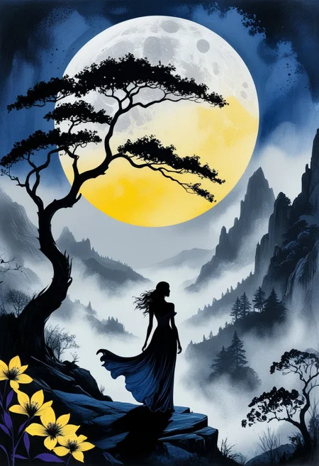 Silhouette of a sexy woman amidst a vibrant, stylized landscape. Big moon dominates the upper part. Mountains, fog and forest. contrasted with black, dark blue and gray ink washes reminiscent of a traditional ink painting style. The woman is depicted in an elf-like long dress. white, dark blue, yellow and black splashes. A large stylized tree with yellow flowers dominates the background, its branches stretching towards the moon. The color palette consists of intense dark blue, purple, deep black, gray and a touch of white. The overall atmosphere is calm, profound and infused with modern cultural aesthetics. splash and stain art style,
perfection style, vivid colors, colorful, vivid background, holographic, building, sky, sciencefiction, ImaginaryCityScapes, midjourneyv6.1