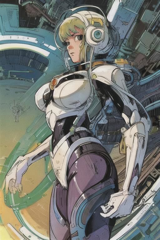 2d artwork, line artwork, comic aesthetics, 1girl, gorgeous, spacesuit mech, looking at viewer, surreal, breathtaking high-tech hardware background, line noise, ancient, retrofuturism, old comic paper, 1girl, beautiful face, spacesuit mech, short hair,