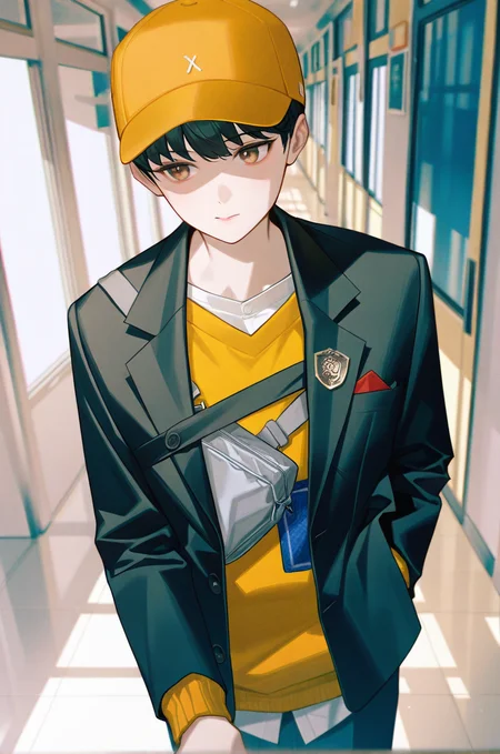 artist:gomzi,artist:wanke,artist:diyokama, rei_(sanbonzakura),[[artist:fuzichoco]],year 2023, 
school hall, solo, 
noto gin, brown eyes, black hair, short hair, yellow headwear, baseball cap,
white shirt, yellow sweater, blue pocket, black blazer, medal, grey bag, fanny bag, blue pocket,
black pants, <lora:tce2_majorcharacters.ilxl:0.8>