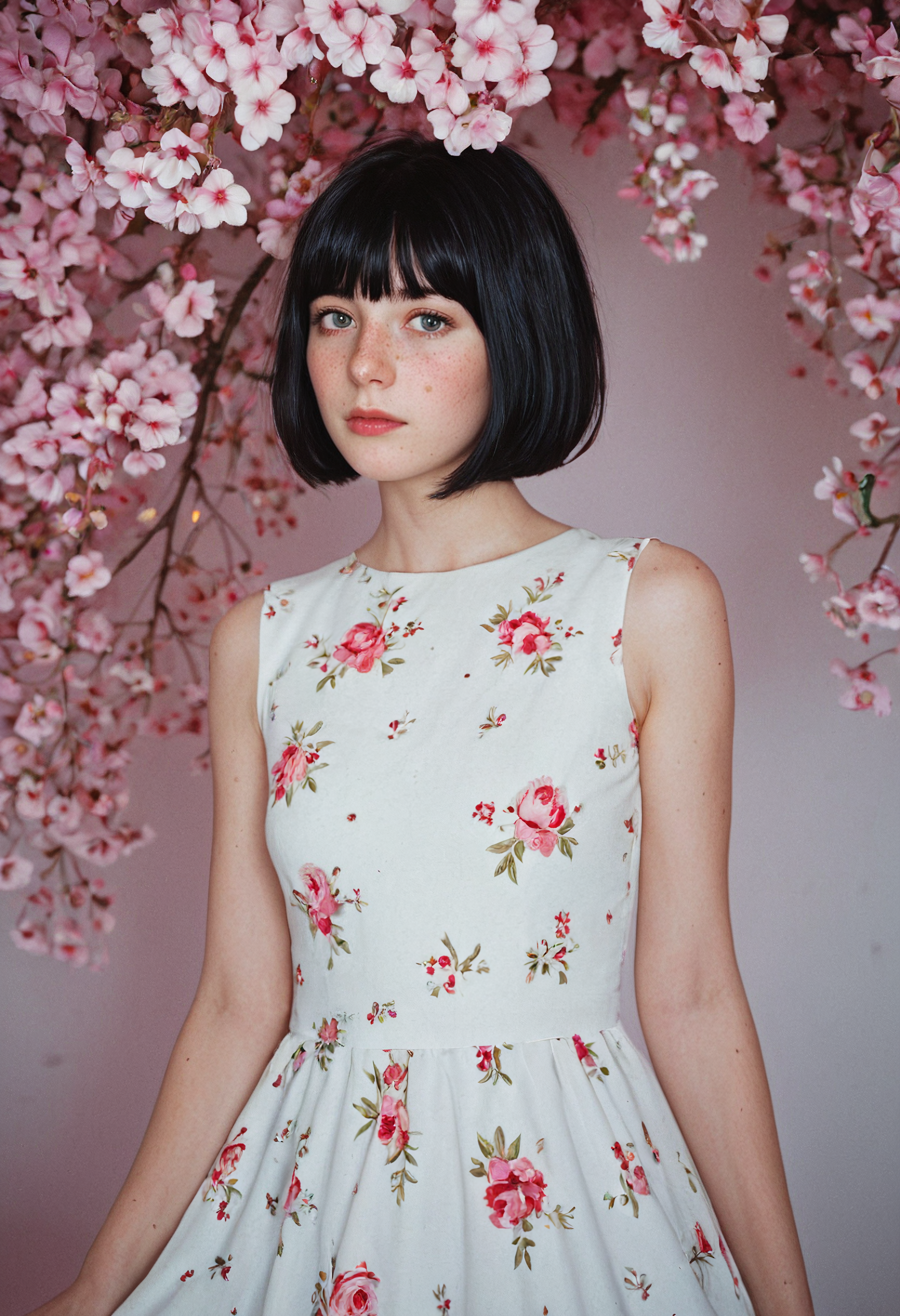 1girl, solo, short hair, black hair, bangs, freckles, soft expression, pink flower, flower, white dress, floral print, dreamy atmosphere, chromatic aberration,