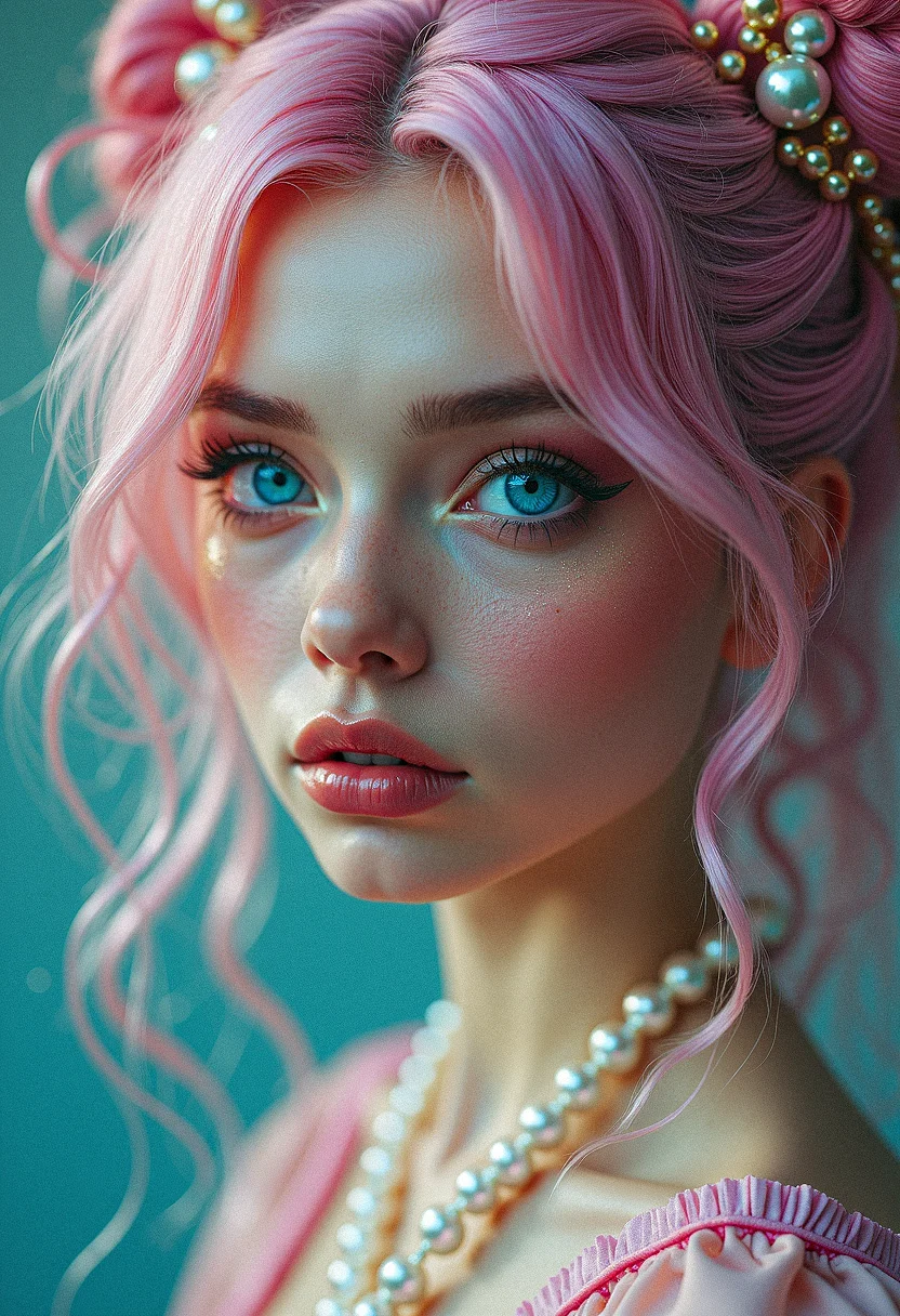highly detailed photorealistic photography, complex composition, woman with pastel rainbow hair, large blue eyes, intricate hairstyle with pearls, pastel dress, glowing background, exaggerated background details, vibrant colors, intricate textures, dynamic lighting, whimsical and magical atmosphere, very detailed and complex skin texture, best quality skin texture