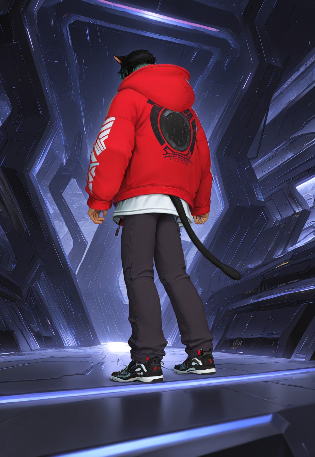 masterpiece, very aesthetic, KrhisT1A, 1boy, hood, animal ears, solo, tail, cat ears, cat tail, shoes, science fiction, black hair, hoodie, from behind, sneakers, pants, hood down, short hair, cat boy, jacket, standing, red jacket, long sleeves, facepaint