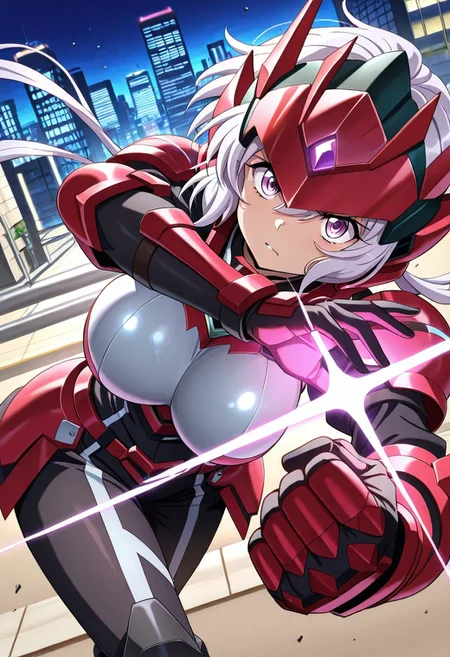 general,highres, ultra-detailed,very aesthetic,best quality ,best hands,best eyes,easynegative,
dynamic anglre, dutch angle, anime cloring,
1girl solo,looking at viewer,city,fighting,
Chris Yukine,silver hair, purple eyes, huge_breasts,helmet, body armor,