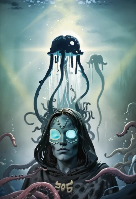 weird water woman, 19yo, portrait, strange tentacles, prismatic beams, score_9, score_8_and_up