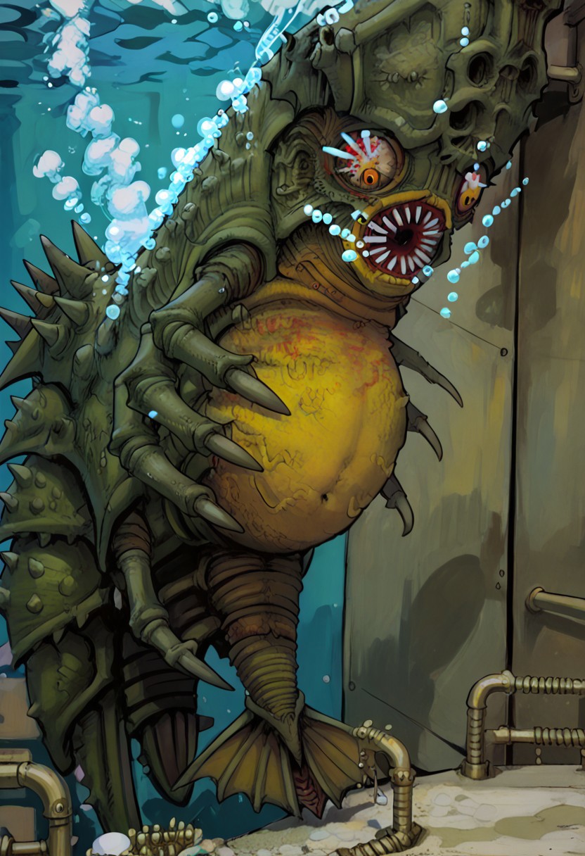 score_9, score_8_up, score_7_up,draygon, monster, underwater, spikes, belly, multiple claws, skull, floating, claws, sharp teeths, veiny eyes,solo,horror theme,red eye,full body,full view, bubble above monster