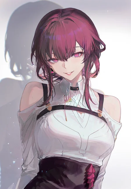 safe_pos, yutou \(yutou75\), honkai star rail, honkai \(series\), kafka \(honkai star rail\), 1girl, bare shoulders, breasts, clothing cutout, grin, high-waist shorts, looking at viewer, medium breasts, purple eyes, purple hair, shirt, shorts, shoulder cutout, sidelocks, smile, solo, upper body, white shirt