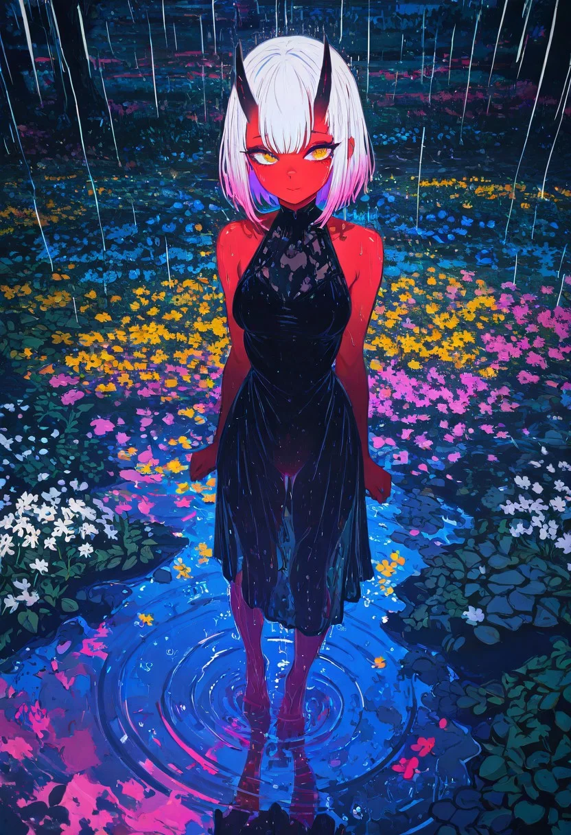 masterpiece, best quality, good quality, very awa, newest, highres, absurdres, uncensored,
Good quality, newest,1girl,
BREAK
detailed background, eyelashes, erotic, looking seductive, coy. dynamic action image, detailed face, detailed eyes, direct mesmerizing gaze,
BREAK
(sexy, slutty, hot, aroused),
Aka-Oni, oni, colored skin, red skin, smooth horns, black horns
BREAK
flirting:2.0, flower, (artist:John_kafka)
BREAK
solo, dress, standing, flower, outdoors, water, white flower, pink flower, scenery, reflection, rain, dark, ripples, yellow flower, puddle, colorful, abstract, standing on liquidi¼ very Wide Shot, limited palette,, wet,