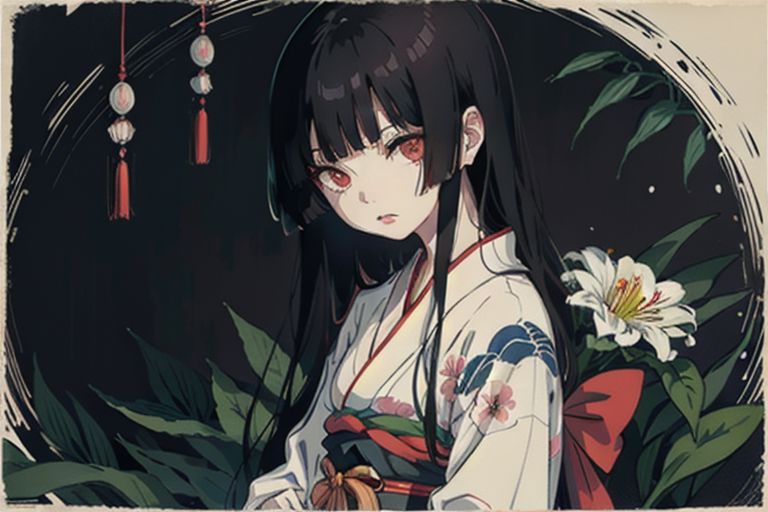 enma ai, hair down, hair black, bangs, eyes red, masterpiece, best quality, ultra-detailed, illustration, 1girl, solo, highres, photorealistic, ultra high res, (Original illustration composition), (fusion of limited color, Maximalism artstyle, kimono obi fashion, double exposure, background, illustration, Amazing, lily spider, night darkness, open one's mouth, flowers red, Movie poster, sitting