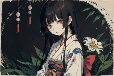 enma ai, hair down, hair black, bangs, eyes red, masterpiece, best quality, ultra-detailed, illustration, 1girl, solo, highres, photorealistic, ultra high res, (Original illustration composition), (fusion of limited color, Maximalism artstyle, kimono obi fashion, double exposure, background, illustration, Amazing, lily spider, night darkness, open one's mouth, flowers red, Movie poster, sitting