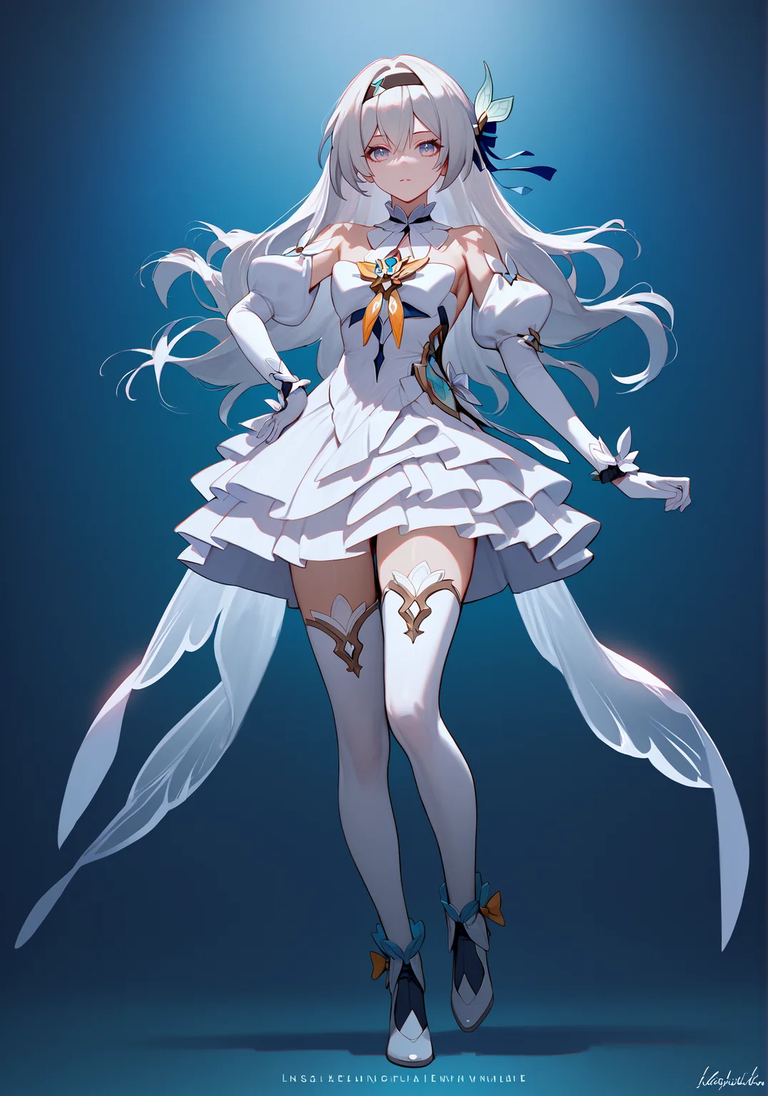 score_9, score_8_up, score_7_up, score_6_up, 8k,
8k, best quality, masterpiece, (ultra-detailed:1.1), (high detailed skin),
(full body), (white background:1.1), standing, looking at viewer, (solo), hand on hip,
<lora:LKtrain-pony-Tanger-000005:0.7>,Firefly /(honkai: star rail/), Firefly's wedding dress, 1girl, long hair, white dress, white thighhighs, white gloves,
(beautiful_face), ((intricate_detail)), clear face,
((finely_detailed)), fine_fabric_emphasis,
((glossy)), full_shot, <lora:Сosmic Void Style LoRA_Pony XL v6 ALT:0.7>,