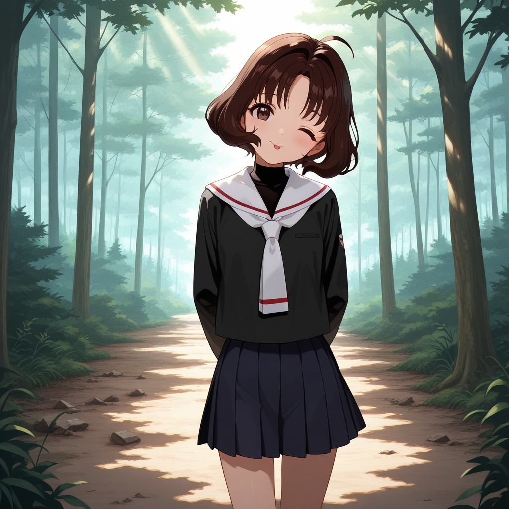masterpiece, best quality, break, rika_cc, brown hair, short hair, brown eyes, school uniform, skirt,  standing, head tilt, one eye closed, tongue, forest, sunlight, shadows, natural lighting