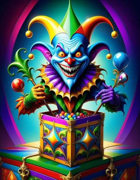 Monster in a box, high quality, masterpiece, jester in a colourful box design, elaborate fantasy style art, intricate details, ultra sharp, backlit, exquisite detail <lora:Monster_in_a_Box_SDXL:1>