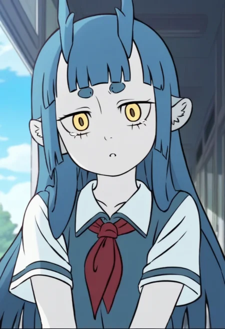 <lora:longnu:1>,longnu,1girl,horns,blue hair,long hair,blunt bangs,yellow eyes,short eyebrows,animal ears,white skin,
shirt,white shirt,school uniform,collared shirt,short sleeves,red neckerchief,, masterpiece,best quality,amazing quality,absurdres, anime screenshot,