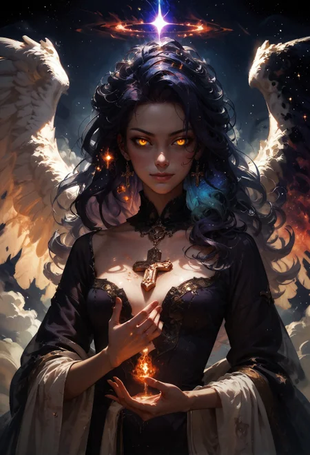 score_9, score_8_up, score_7_up, score_6_up, score_5_up, score_4_up, 1girl, white angel wings, solo, cosmic fire, koling, human face, cosmic, half open eyes, glowing eyes, magic eyes, glowing chest, cosmic body, very cosmic hair, wizard robe, golden cross on chest, evil smirk
