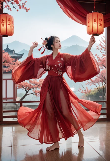 full body,,ruanyi0750,hanfu,wide sleeves,red dress,see-through,dancing,sky lantern,barefoot,<lora:0750 Large sleeve shirt Hanfu_v1_pony:0.8>, score_9,score_8_up,score_7_up,,8k,1girl,solo,
