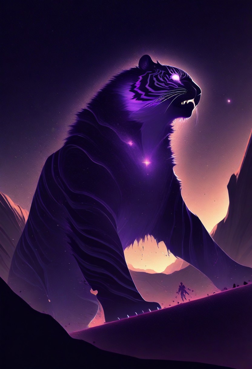 masterpiece,   <lora:NV_Celestial_Skin_IL:1> nv-celestialskin, colored skin,   void cosmic body, stars, black skin, chromatic aberration,
giant tiger, in a canyon, from below, dutch angle,monster, glowing eyes, animal focus, dissolving ,