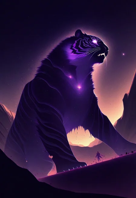masterpiece, <lora:NV_Celestial_Skin_IL:1> nv-celestialskin, colored skin, void cosmic body, stars, black skin, chromatic aberration,
giant tiger, in a canyon, from below, dutch angle,monster, glowing eyes, animal focus, dissolving ,
