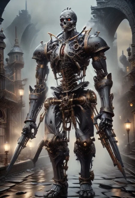 On a cobblestone bridge in 18th-century London, a Steampunk T-800 Terminator Skeleton , steampunknoireai chrome skin,Terminator style,with its distinctive metallic body and glowing red eye, stands tall amidst the fog. It holds a steampunk-style laser rifle, emitting a fiery orange beam, ready to engage in battle. The background is a grim tableau of partially destroyed landmarks, such as Big Ben with clock hands frozen in time, its top half in ruins. The Tower of London looms in the distance, some of its stones dislodged and scattered. Horse-drawn carriages are overturned, and gas lamps flicker erratically, casting eerie shadows on the damp street. The Thames River below the bridge is murky, reflecting the chaos above. The scene is a blend of historical architecture and futuristic destruction, with the Terminator a stark, menacing presence amidst the disarray.steampunk fantasy style, Steampunk,, gotische ,  im detailreichen Steampunk, steampunk fantasy, mittelalterlicher Stil,  Fantasie-Outfit, Magie und Steampunk