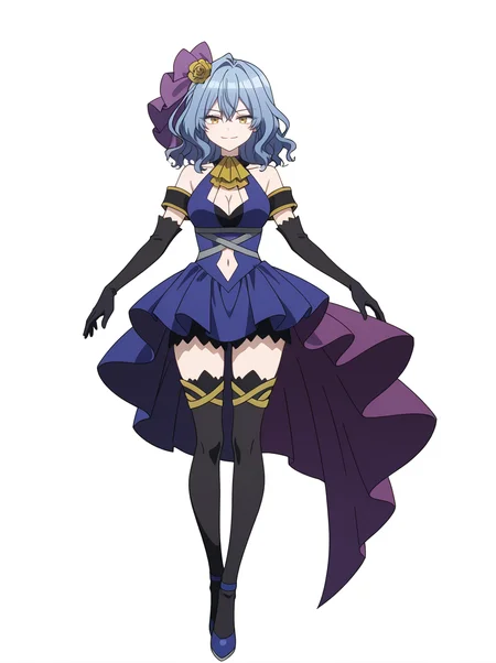 <lora:Millicent BLUENIGHT_v1.0_illustrious-000038:1>,
Millicent BLUENIGHT,solo,gloves,elbow gloves,thighhighs,dress,full body,cleavage,white background,black gloves,simple background,bare shoulders,looking at viewer,black thighhighs,medium breasts,closed mouth,standing,smile,blue dress,clothing cutout,bow,navel,purple bow,ascot,purple dress,blue footwear