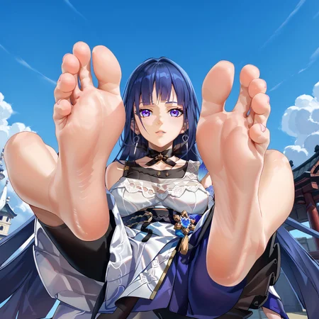 1girl, raiden mei, single glove, earrings, layered dress, ribbon choker, tank top, detached sleeves, feet up, foreshortening, soles, leaning back, close up, foot focus, spread toes, toe scrunch