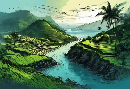 island landscape concept art, ((Philippines rice terraces)), (((coast, ocean))), ((battlefield, war, explosions, concrete bunkers)), green and blue tones, black tones, dark tones, scifi features, deep shadows, ((graphic novel sketch, black sketch lines, low-key cinematic lighting, thick ink outlines, digital oil painting, posterized, cel shading, vector illustration, tenebrism, bold brush strokes, subtle colors))