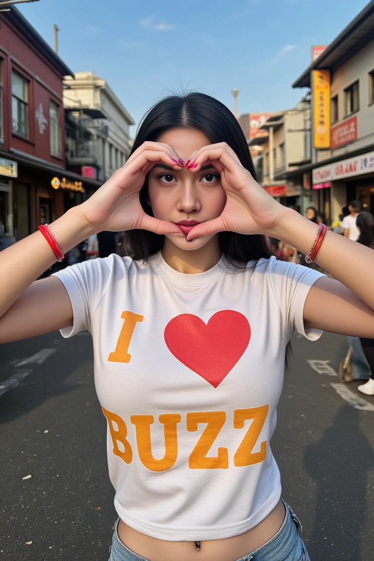 A realistic photography of a female model with long, dark hair, tall, slender body, realistic skin and striking features.positioned in a fisheye perspective, looking directly at the viewer, creating a heart shape with her hands in front of her face.  She's wearing a white graphic t-shirt with large, bold "I LOVE BUZZ" text, in warm, vibrant colors. The colors in the image are bold and saturated.  The setting is a stylized city street, with urban architecture and busy streets visible in the background.  The lighting is bright, sunny, and casts dramatic shadows.  The female's eyes are expressive, and her overall aesthetic is cool and trendy.  Her hands are detailed with rings and bracelets, nails painted with bold and visible colours.  Include detailed facial features, and vibrant, saturated colours.  Include a Fisheye lens effect, and focus on the girl being the central figure of the artwork.Febi_