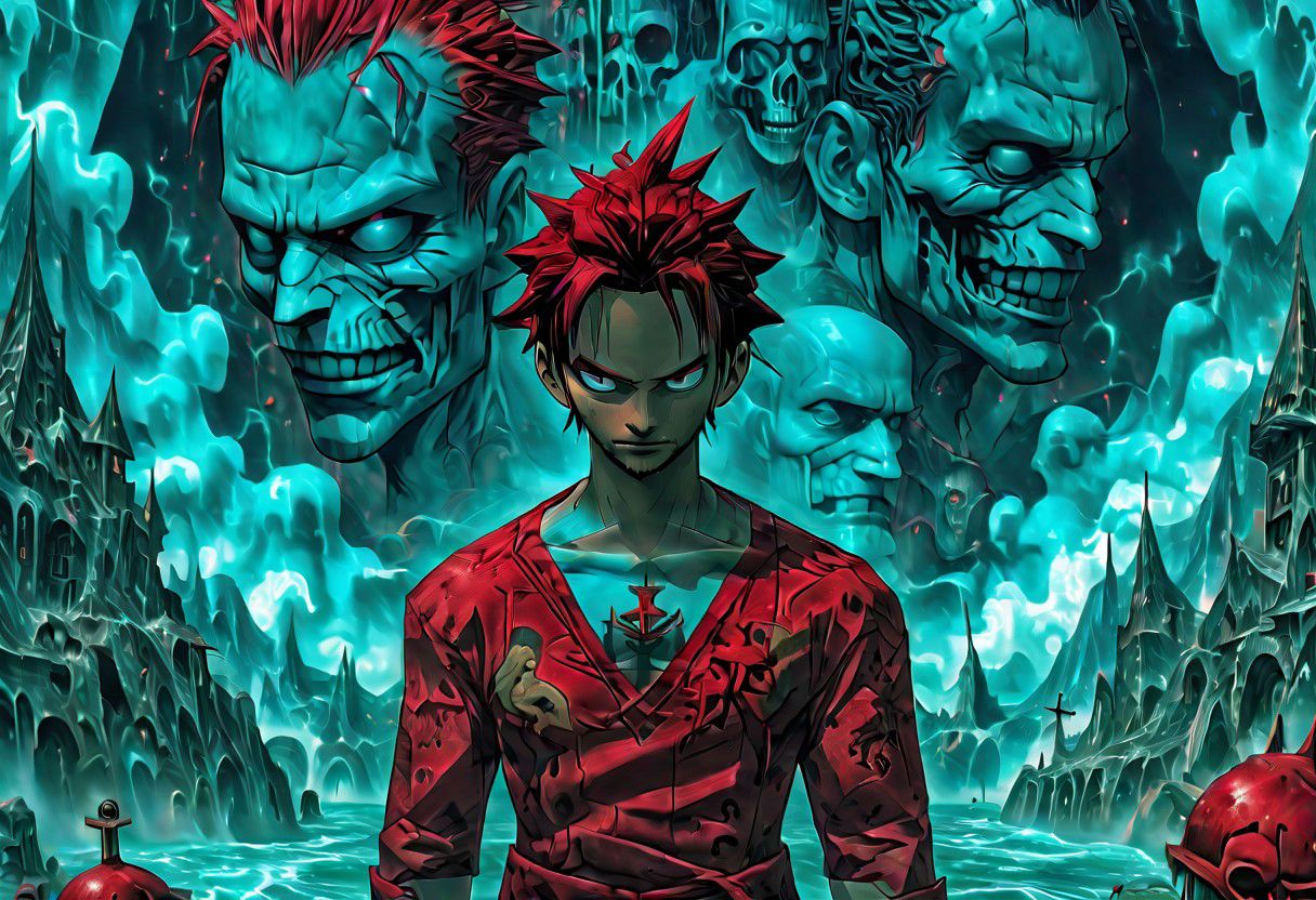 illustration, anime, Monkey D. Luffy, One Piece, vintage, port city, poster, in the style of [james jean], deathcore, [john pitre], detailed atmospheric portraits, oil painting, anime, biopunk, horror art, dark and intricate, unique illustrations, precisionist art, airbrush, mystical landscape, intricate psychedelic, dark azure and red, witchcore