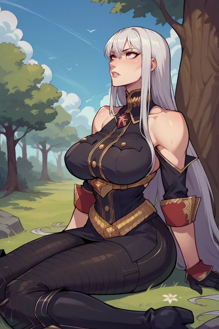 score_9, score_8_up, score_7_up, score_6_up, source_anime, BREAK 1girl, <lora:selvaria-pdxl-nvwls-v1-000005:1> selvaria, very long hair, black shirt, bare shoulders, belt, black leggings, detached sleeves, black gloves, large breasts, black boots, looking up, blue sky, forest, clouds, sitting, tree