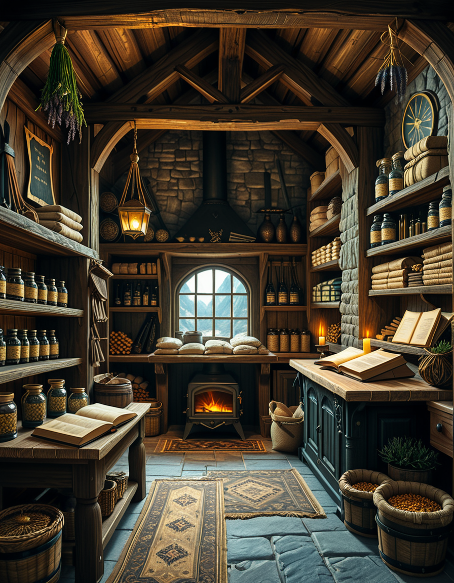A highly detailed, realistic photograph of a medieval-style general store inspired by Skyrim, captured in soft, natural lighting. The interior features wooden beams and stone walls, aged and weathered, with shelves overflowing with various items: leather-bound books, glass potion bottles glowing faintly in green and blue hues, sacks of grains, and woven baskets filled with herbs. In the corner, a rustic fireplace crackles gently, casting warm, golden light across the room. Weapons like iron swords and steel daggers hang neatly on a wooden rack behind the counter, while a fur rug covers part of the worn wooden floor. On the wooden counter lies a small pile of gold coins beside an old ledger, with a candle burning low. The window shows a misty, pine-filled landscape outside, with soft daylight filtering through. The atmosphere feels cozy, immersive, and authentically Nordic, with rich textures, muted earthy colors, and a slightly cinematic fantasy style. No people are present, only the quiet ambiance of a world at rest.
<lora:SDXLFaeTastic2400:0.4> <lora:extremely_detailed:0.4> extremely detailed,<lora:skyrim_general_st0r3:1>,skyrim general st0r3, Masterpiece,best quality,hi res,8k,hi res,8k,award winning,(sharp focus, intricate, highly detailed),