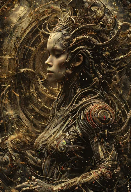 Volcano, African-typed Female demon, cyborg, scifi, robot, muscular, black hair, dark flesh, deep red eyes, gold goat horns, demon wings,  dark canvas shaman clothes with gold plating, tattoos,
romanticism, atmospheric, ecstasy of insects and decayed leaves, full body photo of a lich queen with insects and flowers on hair and neck, snakes and worms,
tribal aesthetic, tormented pain spiraling into an endless abyss, beauty, horror,
by james jean, roby dwi antono, ross tran, francis bacon, michal mraz, adrian ghenie, petra cortright, gerhard richter, takato yamamoto, ashley wood,
Ink and watercolor illustration on old yellowed parchment, Handmade rendering, Tarot card style,
best quality, masterpiece, photo realistic, highly detailed, dynamic angle, cowboyshot