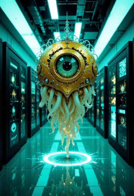 The image is a highly detailed, photo featuring a surreal, fantastical creature. The subject is a large, eye-like organism with a spherical body covered in iridescent, shimmering golden flecks that reflect light, giving it a glistening appearance. The eye at the center of the sphere is a piercing, striking green, with intricate, swirling patterns and a detailed iris. The eye is surrounded by a foggy mist, adorned with intricate, swirling patterns and a texture that resembles fine, ornate filigree.
The creature's body is floating as a cluster of long, translucent, gelatinous tentacles dangle beneath it, giving it a somewhat ethereal appearance. These tentacles are a pale, almost luminescent white, with a slightly translucent quality that reveals a hint of a pulsating, inner light.
The background is a modern, high-tech laboratory or data center setting, filled with rows of display cases and server racks. The cases contain various scientific specimens and artifacts, illuminated by cool, blue-green light strips on the ceiling and floor, creating a sterile, clinical atmosphere. The walls are a dark, reflective material that mirrors the room's lighting, enhancing the sense of depth and modernity., action pose, dynamic angle