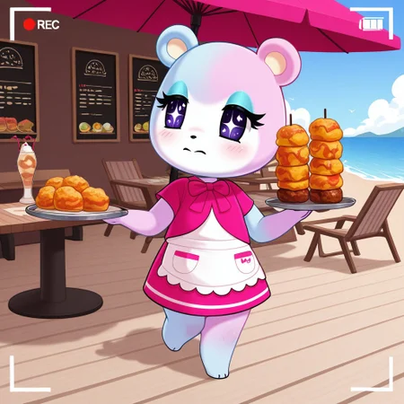 best quality, masterpiece, Full Body, Romantic, Small, Body, Furry, judyac, animal crossing, 1girl, solo, furry, bear, two-tone fur, light pink fur, light blue fur, white muzzle, purple eyes, star pupil, blush, blue eyeshadow, pink dress, beach, restaurants, serving food, carry tray, walking, outside lobby, board walk, beach chair, beach table, umbrella, recording, sign of buzz, sign said buzz food menu