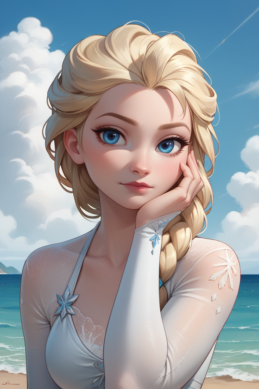 score_9, score_8_up, score_7_up,
<lora:DisneyElsa:0.8>
DisneyElsa, 1girl, blonde hair, blue eyes, braid, looking at viewer, adjusting hair, upper body, sea, blue sky, white cloud, beach