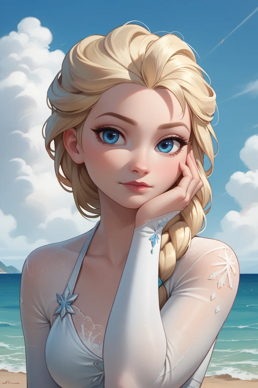 score_9, score_8_up, score_7_up,
<lora:DisneyElsa:0.8>
DisneyElsa, 1girl, blonde hair, blue eyes, braid, looking at viewer, adjusting hair, upper body, sea, blue sky, white cloud, beach