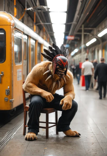<lora:Bloodseeker_v3:1> bloodseeker_v3,
no human, dog, furry, furry boy, dog boy,
fur on body, fur, yellow fur,
paws with black claws,
black feathers,
teeth, sharp teeth, fangs,
mask
helmet, gloves,
muscular,
grin,
gog tail,
A necklace of fangs,
portrait, score_9, score_8_up, score_7_up, score_6_up, derpibooru_p_95,
blur censor, blurry, blurry background, blurry foreground, bokeh, motion blur,
chromatic aberration, depth of field, figure, focused, focus
photography, realistic sun light and shadows, photorealism, UHD --ar 9:16 --style raw --stylize 700,
solo,
metro, location:subway, underground, people. in subway, chairs. The carriage lighting is broken, sitting city view, street view
