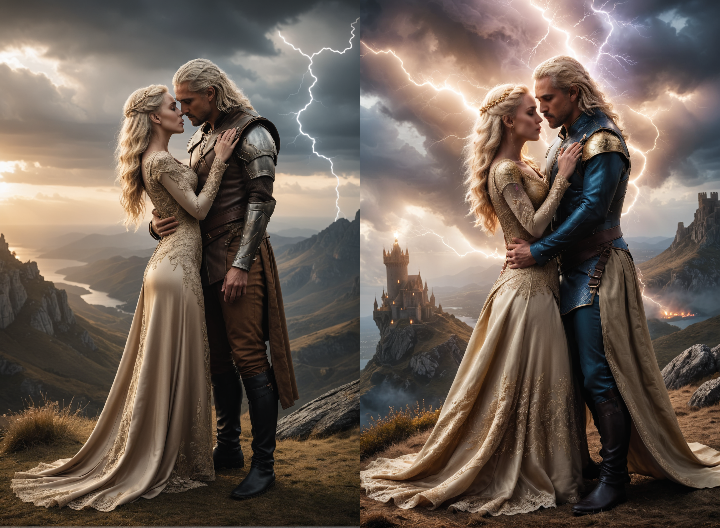 <lora:RMSDXL_Enhance:3><lora:RMSDXL_Darkness_Cinema:0.5><lora:RMSDXL_Creative:4>a handsome 40 year old blonde crowned male king kissing a beautiful blonde young woman in a long golden dress with lace detail and metallic gold stitching, electric fantasy world, lightning landscape, epic views, moody lighting, ethereal, game of thrones, the witcher style, full body