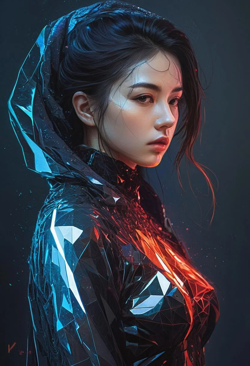 elegant haired abstract beauty, approaching perfection, dynamic, pitch black, highly detailed, dark, moody, low light, lowly lit, digital painting, artstation, concept art, smooth, sharp focus, illustration, art by Carne Griffiths and Wadim Kashin, black and red colors, good shadows, back lit, hidden, obscured, (pale skin:1.6), brushed eyebrows, busty, cleavage, (prisms:1.6), (prismatic:1.5), (ghostly thin veil:1.6), prismatic, reflections, cyberpunk, (black light clothes:1.6), monolith, mirrors, mirror, monolithic, obsidian, sun circle, other worldly, (different dimensions:1.7), (mysterious:1.5), (portrait:1.7), blue bra,