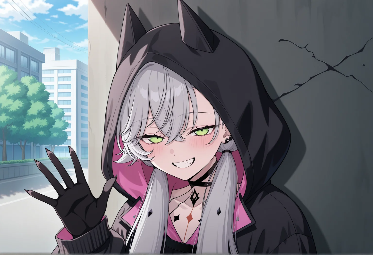 anime screenshot, anime screencap, anime coloring, portrait, waving, 1girl, grey hair, green eyes, slit pupils, mini wings, sharp fingernails, black hands, hoodie, animal hood, body markings, ear piercieng, solo, standing, low twintails, against wall, smile, teeth, fang, half-closed eyes, outdoors, city, graffiti, looking at viewer, dappled sunlight, blush, dappled sunlight <lora:Lilith_illus:1>, masterpiece, best quality, amazing quality, very aesthetic, absurdres, highres, newest