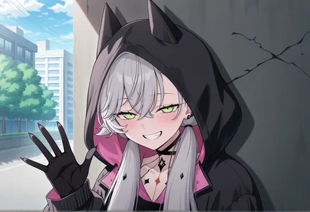 anime screenshot, anime screencap, anime coloring, portrait, waving, 1girl, grey hair, green eyes, slit pupils, mini wings, sharp fingernails, black hands, hoodie, animal hood, body markings, ear piercieng, solo, standing, low twintails, against wall, smile, teeth, fang, half-closed eyes, outdoors, city, graffiti, looking at viewer, dappled sunlight, blush, dappled sunlight  <lora:Lilith_illus:1>, masterpiece, best quality, amazing quality, very aesthetic, absurdres, highres, newest