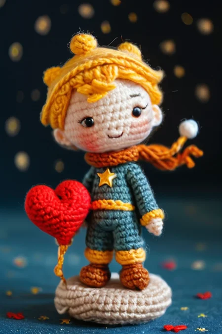 the little prince standing on small planet in starry sky holding a heart, by saint exupery, crocheted style
<lora:MJ52:0.25>,
<lora:TQ_-_Cute_People_Crochet_Professional_Careers-000006:1>,