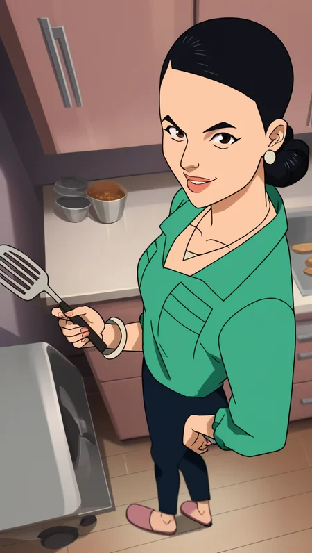 score_9_up, score_8_up, score_7_up, score_6_up, score_5_up, score_4_up, show accurate style, source_cartoon, flat colors, debbie, 1girl, solo, black hair, hair bun, black eyes, green shirt, black pants, bracelet, earrings, necklace, pink slippers, (apron), full body, standing, kitchen, holding a spatula,, looking at viewer, raised eyebrow, small smile ,AddXL,Perfect Hands, depth of field, foreshortening, from side, stove, hand on own hip, from above, 