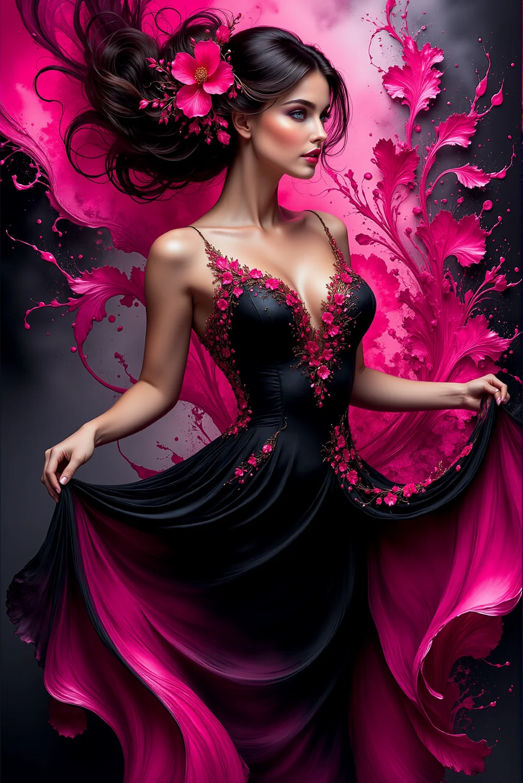<lora:AISIL_style:1.0> AISIL style digital artwork with intricate, volumetric and vibrant background.
This features a woman in an elegant pose, holding the edges of her black gown adorned with vibrant pink floral embellishments. The dress flows dramatically, merging into swirling pink and black ink-like patterns that extend into the background, creating a dynamic sense of motion. Her head is slightly tilted to the side, with her hair flowing freely, enhanced with pink floral details. The lighting is focused, highlighting her face and the vibrant pink accents, while the darker tones create contrast and depth.