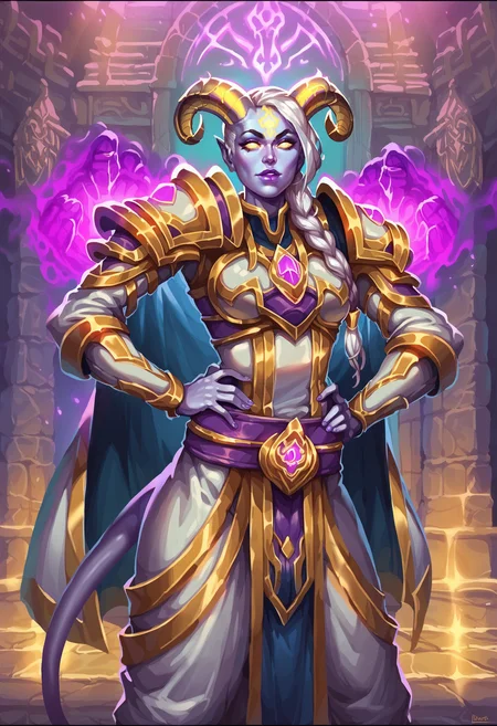 score_8_up, score_7_up, lightforged draenei girl, hands on hips, wide hips, naughty face, ornate silver armor, white hair, single braid, big shoulder pads with purple gems, belt, golden horns, glowing rune on forehead, cape, makeup, temple indoors, purple magic effects, aura <lora:sx-hearthstone-civit-pdxl:0.8> hearthstone style